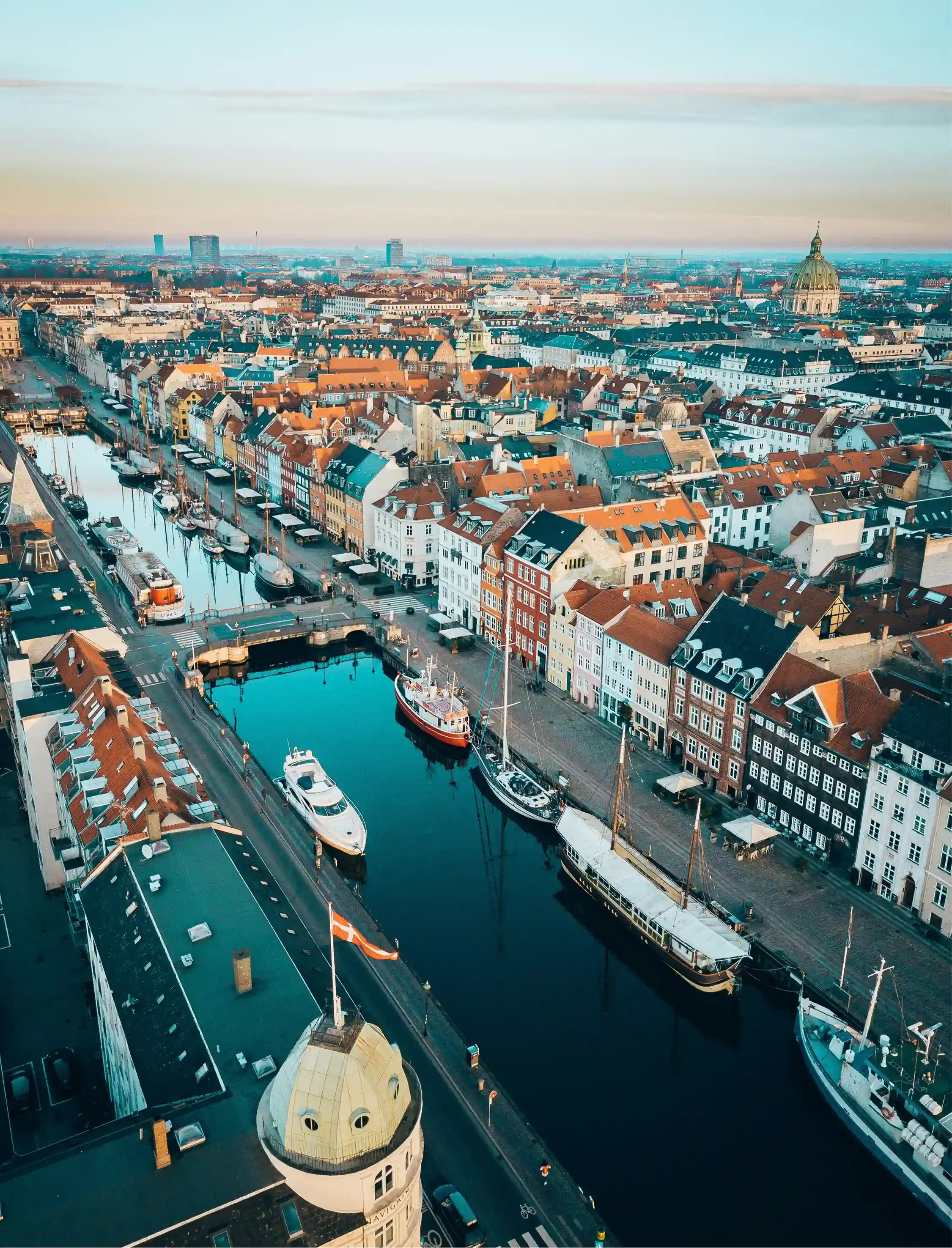 Aerial view over central Copenhagen and its canals